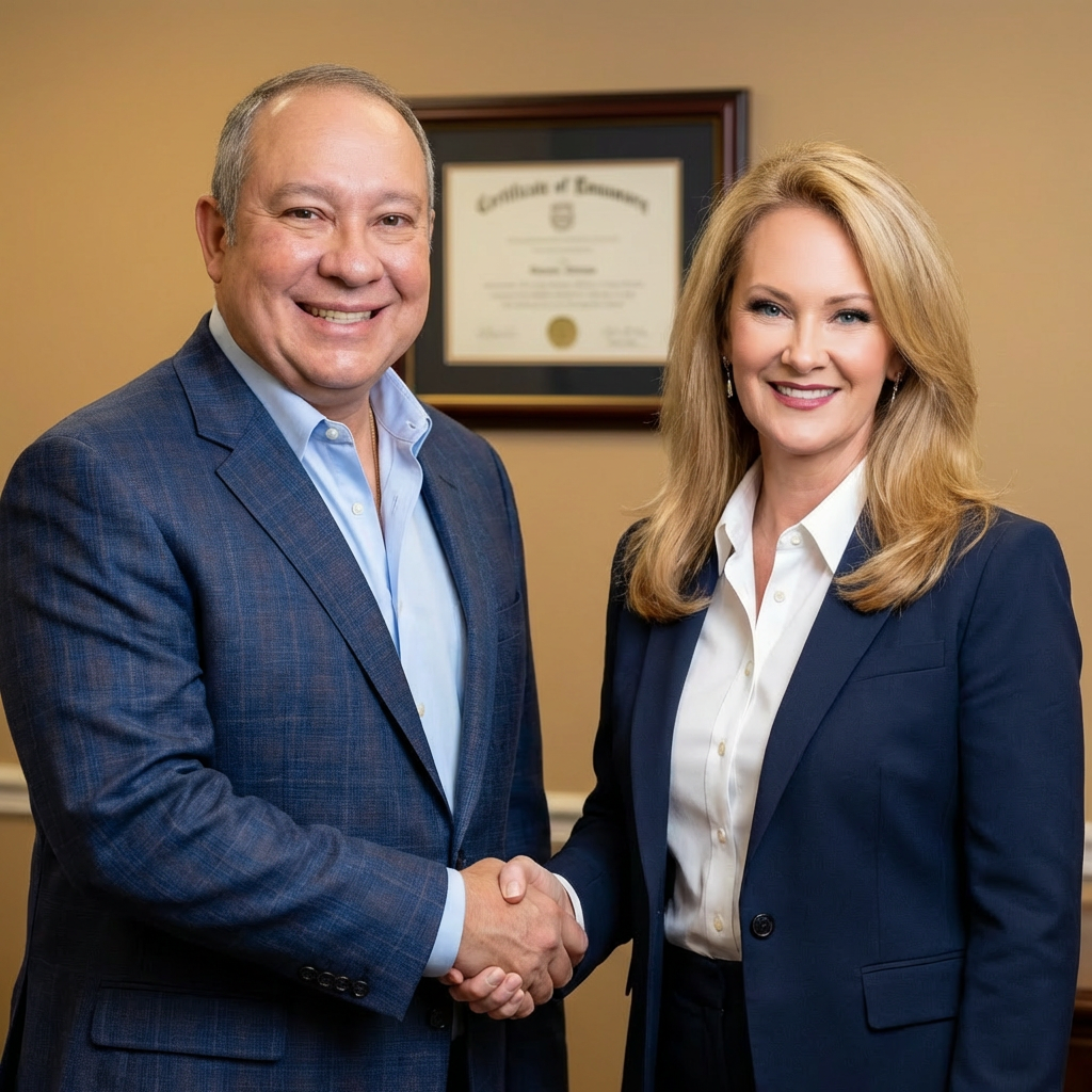 Two professionals shaking hands, smiling confidently in a formal setting.