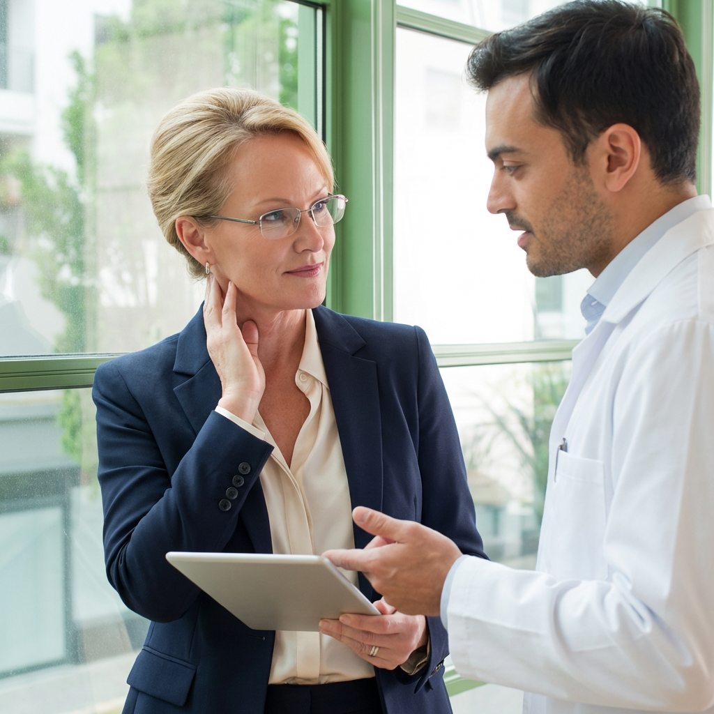 Two professionals discussing work using a digital tablet.