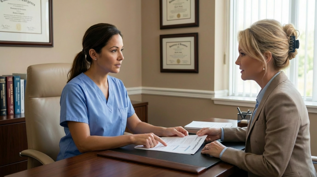 A nurse discusses paperwork with a patient in an office setting.