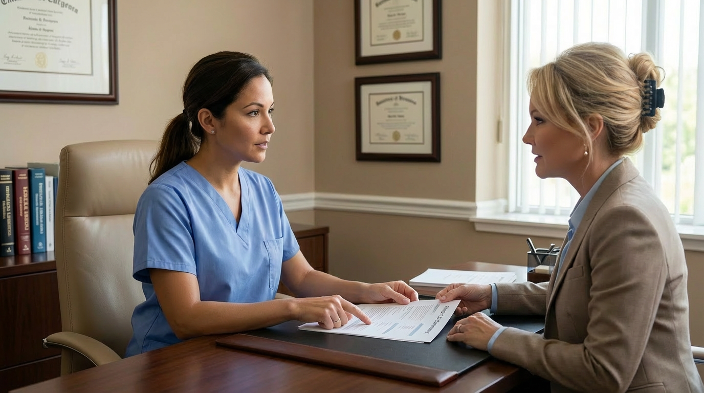A nurse discusses paperwork with a patient in an office setting.