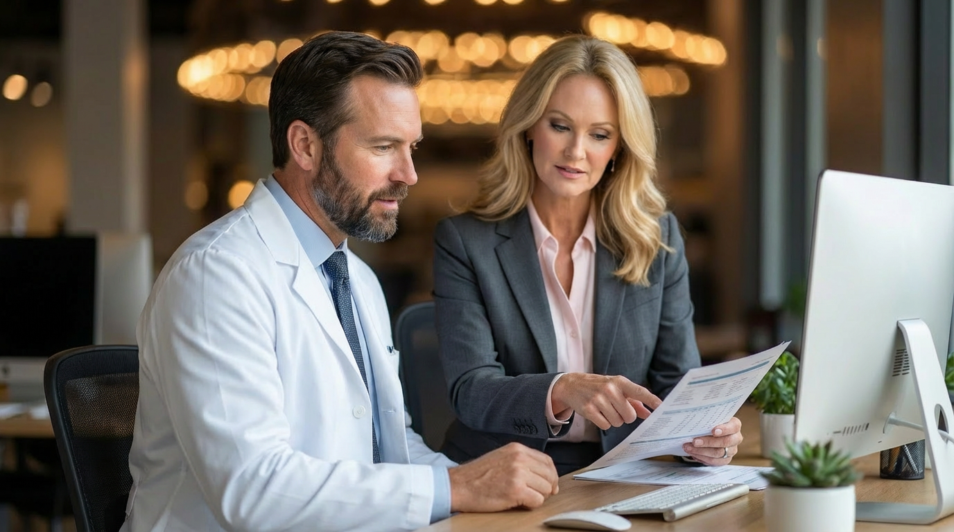 Two professionals reviewing documents together in a well-lit office.
