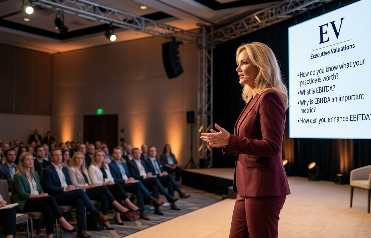 A woman in a suit giving a presentation to an audience.